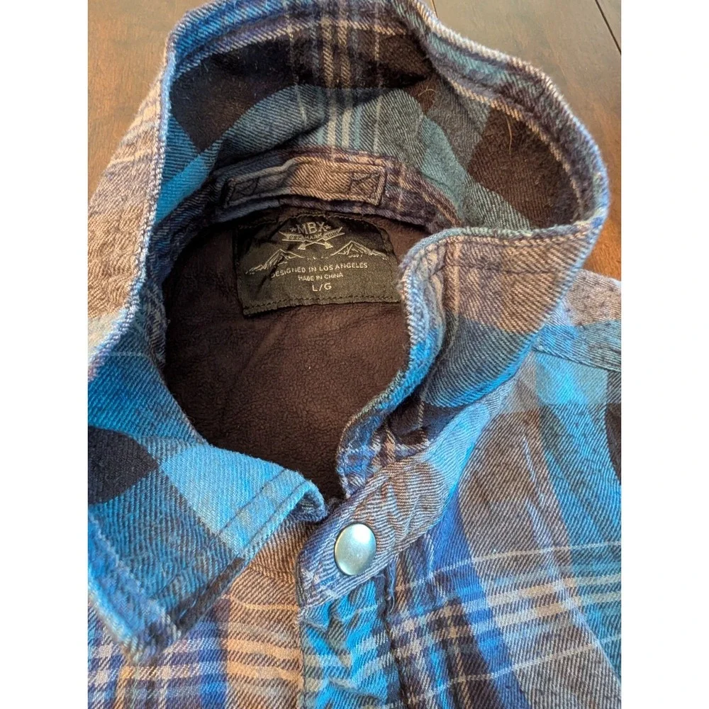 MBX Premium Goods Flannel Shacket Shirt‎ Mens L Blue Plaid Button Up Long Sleeve